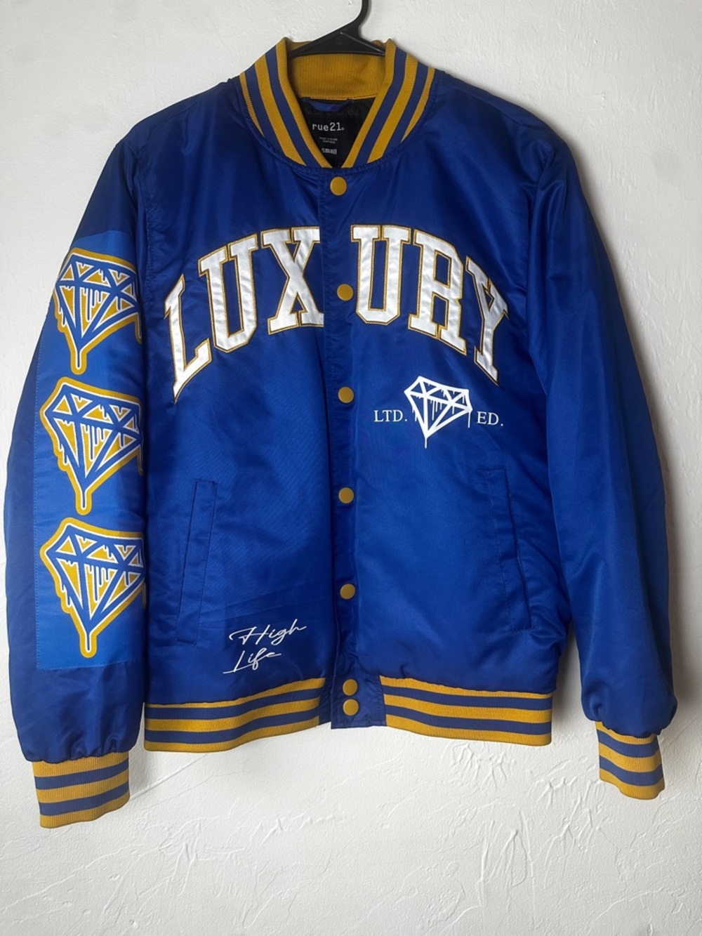 Rue21 Blue and Yellow 'Luxury' Varsity Bomber Jacket
